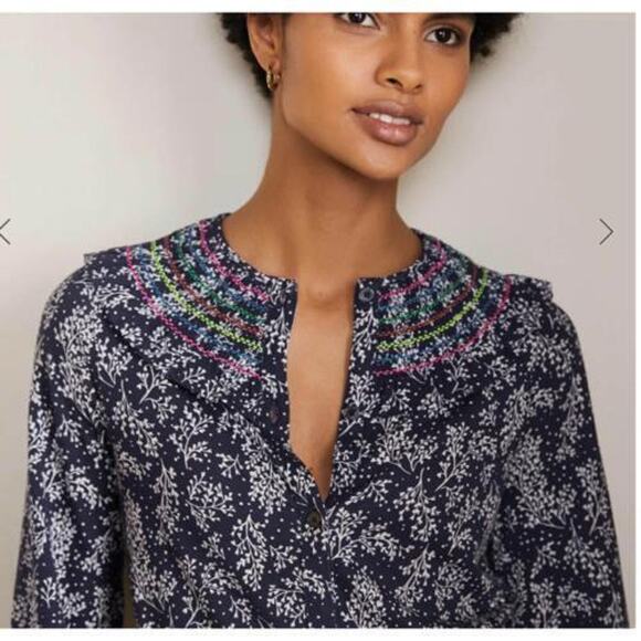 Boden Dress Womens Size 6 6L (US) Smocked Jersey Navy Blue Leafy Sprig Belt - Picture 5 of 10